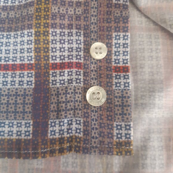 ETRO 39 SZ M Lightweight Cotton Men's Button Up Shirt, Red, Gold, Tan & Navy - Picture 8 of 15